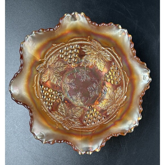 Fenton Edge Leaf Grape and Cable Marigold Carnival Footed Glass Bowl Candy Dish - Picture 3 of 10